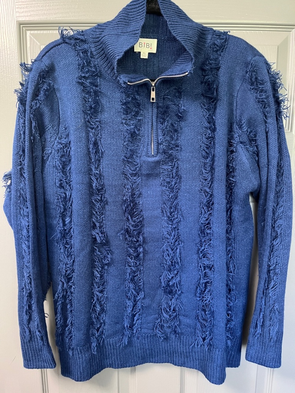 BiBi Women’s Royal Blue Half-Zip Fringe-Striped Sweater